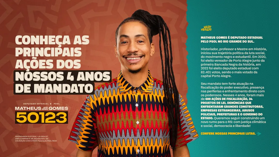 Capa do mídia kit: Conheça as principais ações dos nossos 4 anos de mandato. Matheus Gomes 50123.